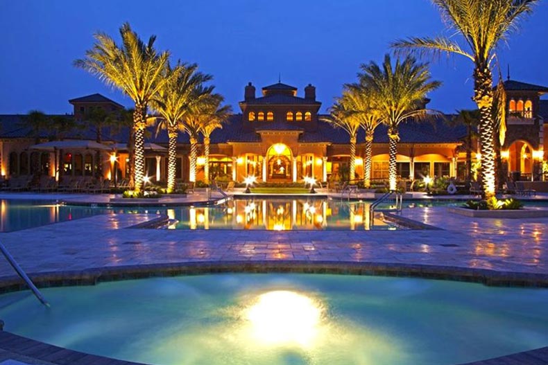 Nighttime view of the clubhouse at Del Webb Ponte Vedra in Ponte Vedra, Florida