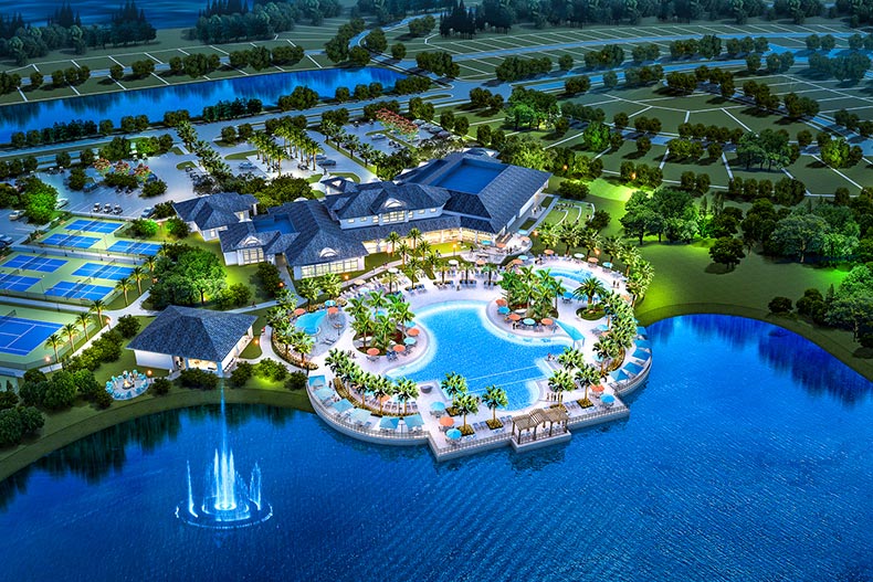 Aerial rendering of the outdoor amenities at Del Webb Sunbridge in St. Cloud, Florida