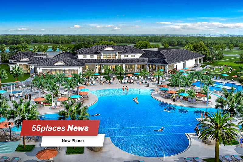 "New Phase" banner over aerial rendering of the outdoor pool at Del Webb Sunbridge in St Cloud, Florida