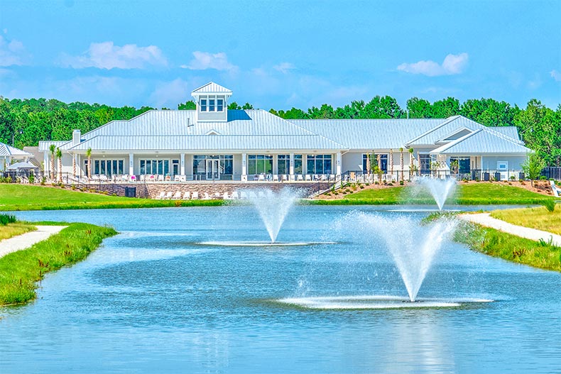 Fountains in a pond at Del Webb Wilmington in Wilmington, North Carolina