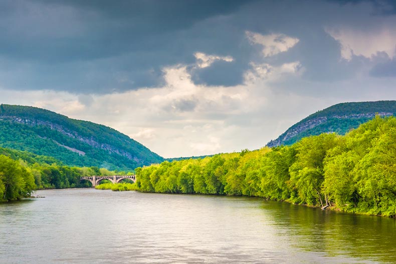 The Delaware River from a pedestrian bridge in Portland, Pennsylvania