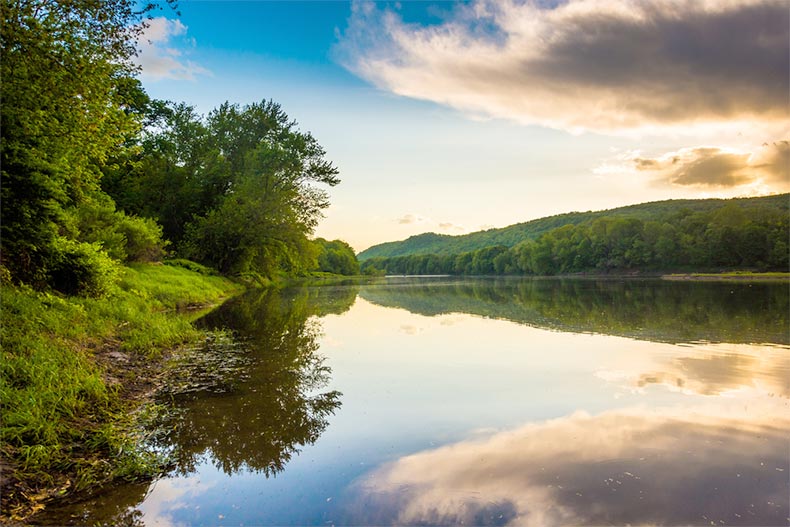 Evening reflections in the Delaware River at the Delaware Water Gap National Recreational Area in New Jersey