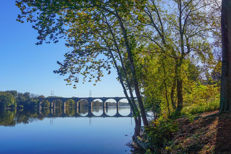 A stone bridge spans the Delaware River near Yardley, Pennsylvania