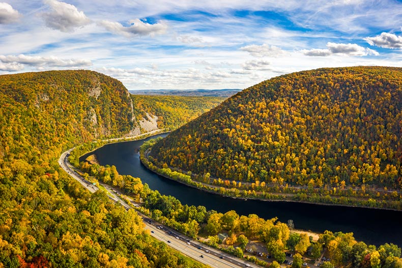 Aerial view of Delaware Water Gap on an autumn day at the border of New Jersey and Pennsylvania