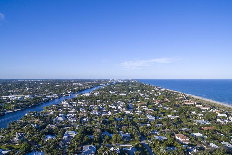 An aerial view of Delray Beach, Florida on a sunny day