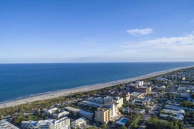 Aerial view of the shoreline and buildings in Delray Beach, Florida.