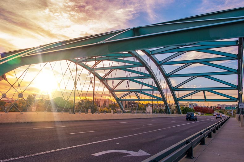 The Speer Boulevard Bridge at sunset in Denver, Colorado