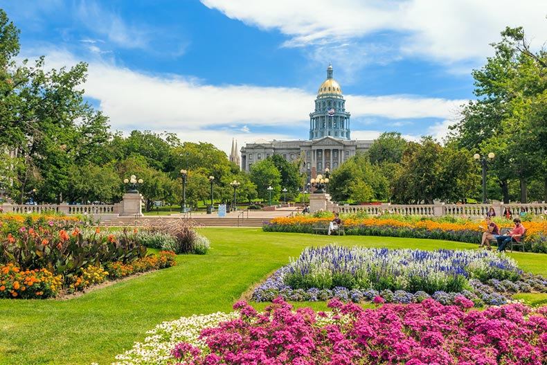 Flower beds in front of the Colorado State Capitol Building in Denver