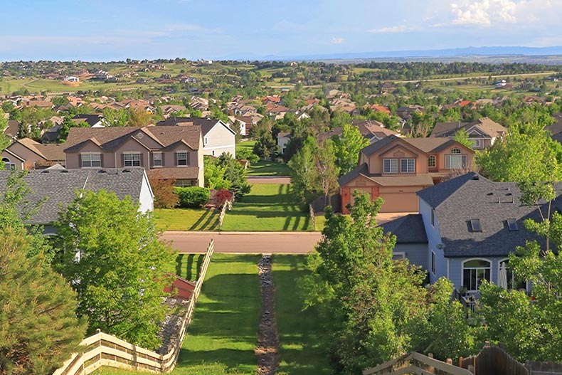 Aerial view of houses in Centennial, Colorado, part of the Denver Metro Area
