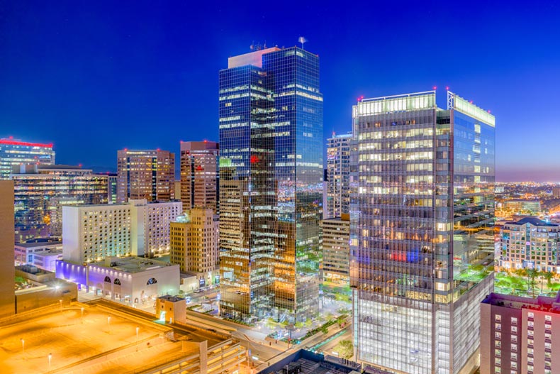 The Phoenix, Arizona cityscape in downtown at night