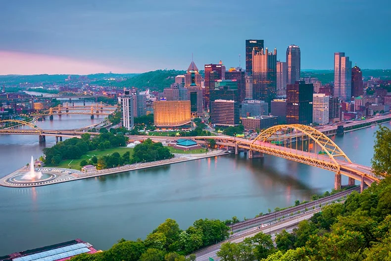 Aerial photo of Downtown Pittsburgh, Pennsylvania at sunset
