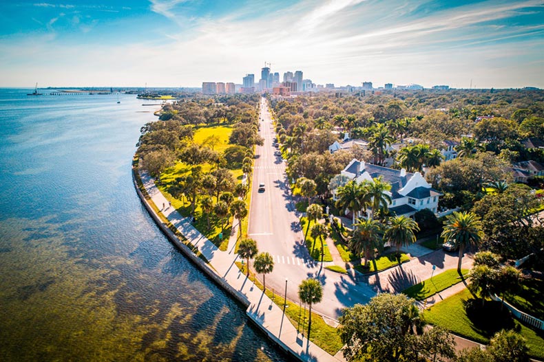 Aerial view of a scenic road in Downtown Saint Petersburg, Florida