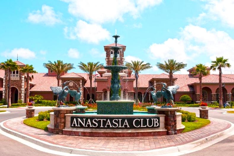 Photo of the Anastasia Club sign and fountain in front of the clubhouse in Del Webb Ponte Vedra in Ponte Vedra, Florida