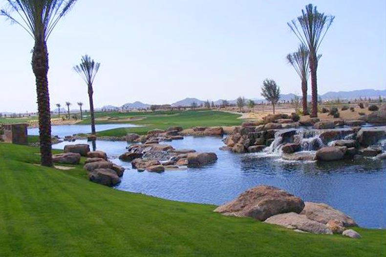 Palm trees surrounding a water feature at Encanterra in Queen Creek, Arizona