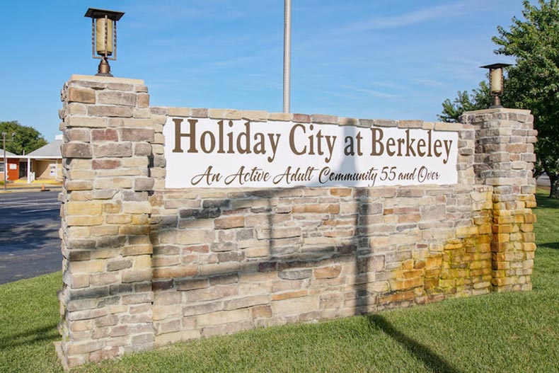 The brick community sign for Holiday City at Berkeley in Toms River, New Jersey