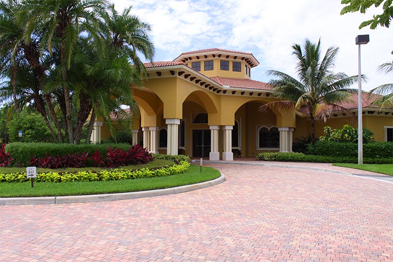 Exterior view of the entrance building to Tivoli Lakes in Boynton Beach, Florida
