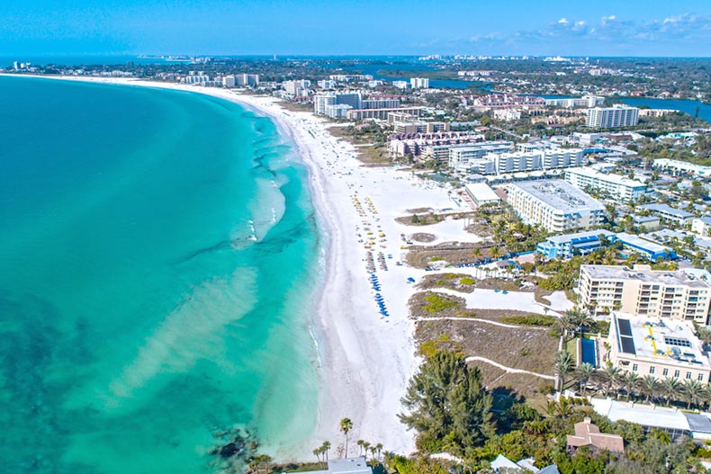 Aerial view of the blue waves along Siesta Key Beach in Sarasota, Florida