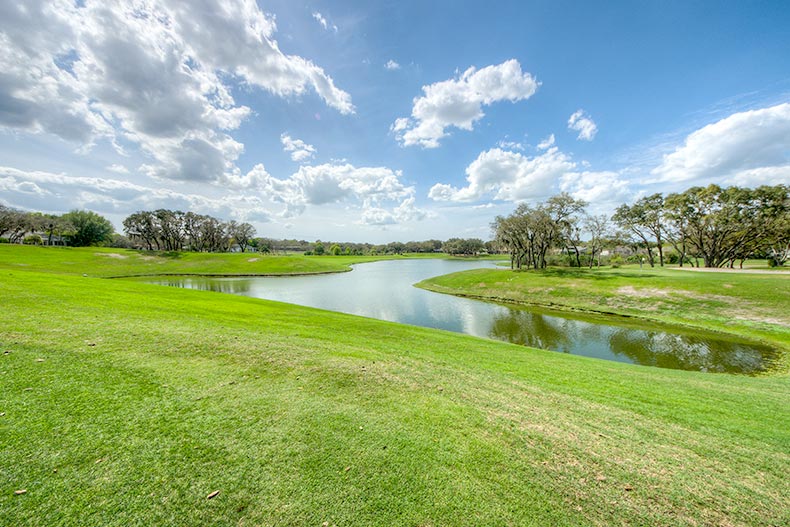 Blue sky over green grass surrounding a lake at Timber Pines in Spring Hill, Florida