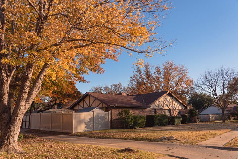 A sidewalk along a row of single-family houses in Flower Mound, Texas