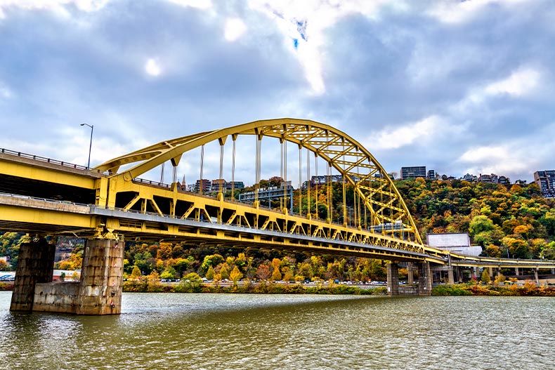 Yellow Fort Pitt Bridge going over Monongahela River in Pittsburgh, Pennsylvania