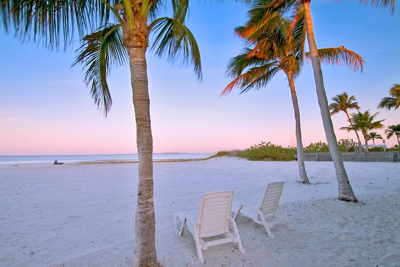 Palm trees beside white lounge chairs on a beach in Fort Myers, Florida