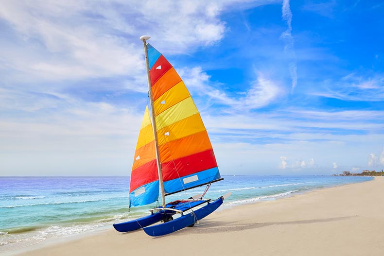 A catamaran sailboat on Fort Myers Beach in Florida