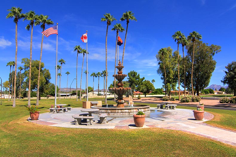 Palm trees around a fountain on the grounds of Fountain of the Sun in Mesa, Arizona