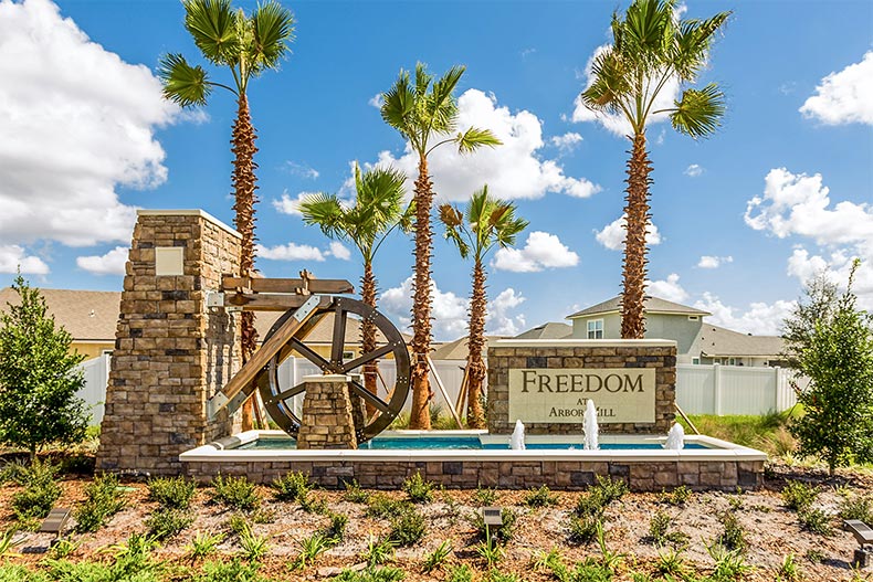 Palm trees around the community sign for Freedom at Arbor Mill in Jacksonville, Florida