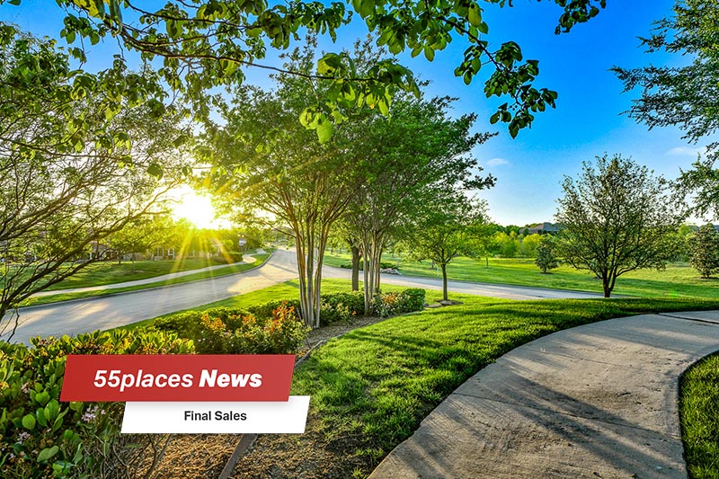 "55places News: Final Sales" banner over a sunny, tree-lined walkway at Frisco Lakes in Frisco, Texas
