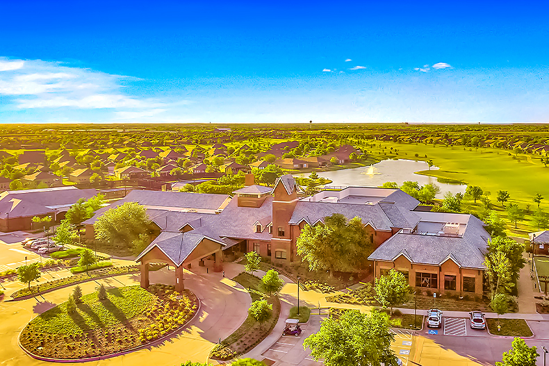 Aerial view of the clubhouse and community landscape in Frisco Lakes, located in Frisco, Texas
