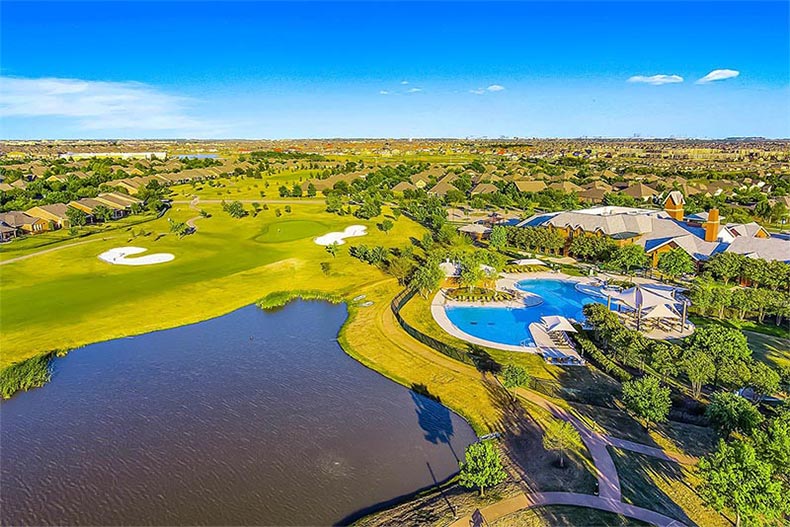 Aerial view of the golf course and amenities at Frisco Lakes in Frisco, Texas