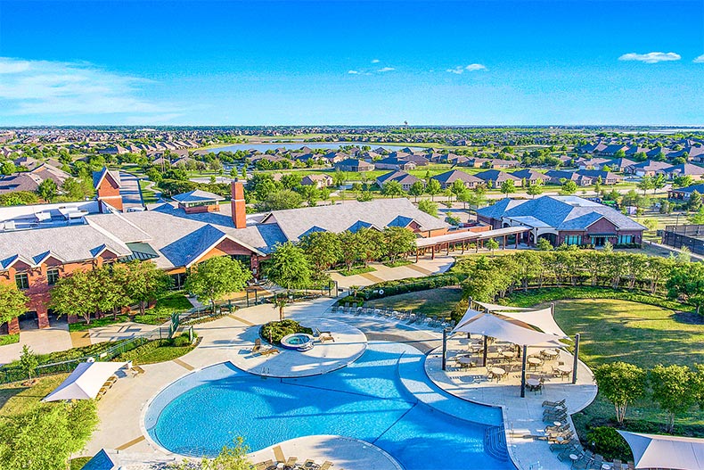 Aerial view of the homes and amenities at Frisco Lakes in Frisco, Texas