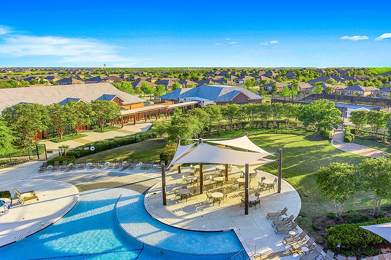Aerial view of the outdoor amenities at Frisco Lakes in Frisco, Texas