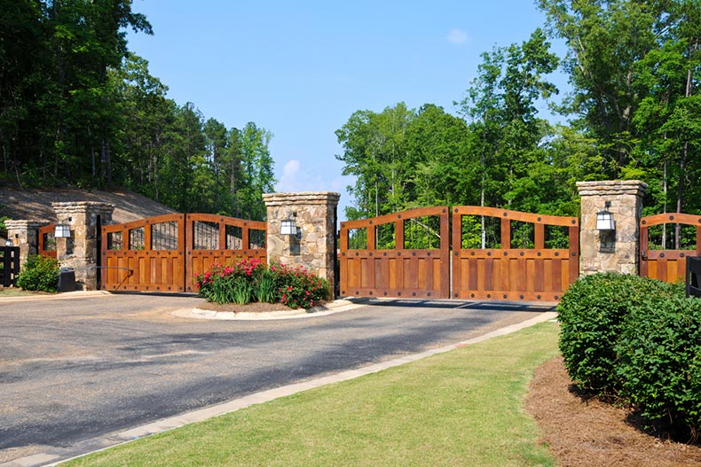The stately entrance to a gated community