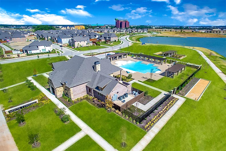 Aerial view of the amenities in Gatherings at Mercer Crossing in Farmers Branch, Texas