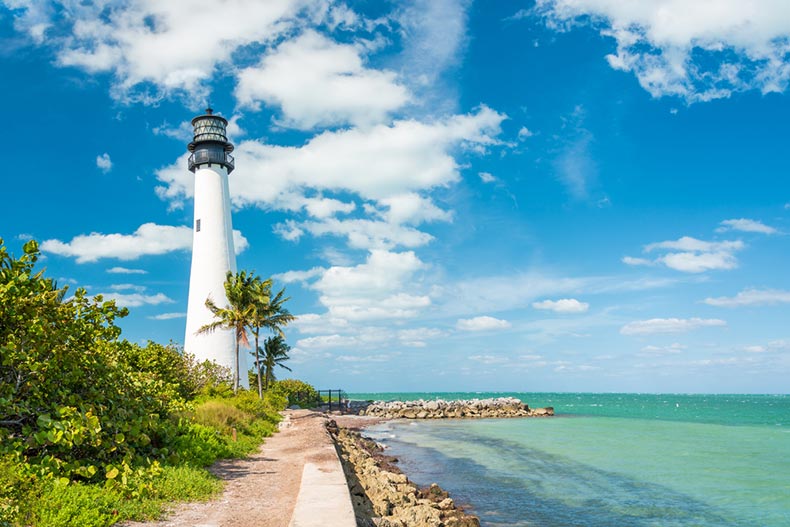 Famous lighthouse at Cape Florida on the south end of Key Biscayne, Miami