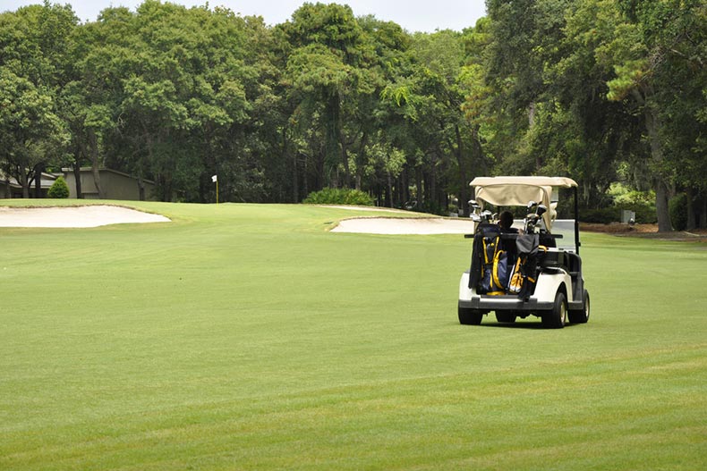 A golf cart on a golf course in Hilton Head, South Carolina
