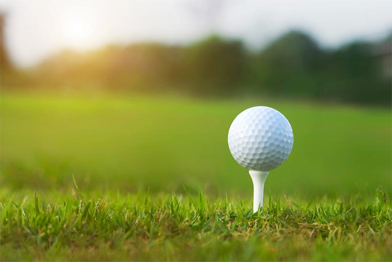 A golf ball on a tee on a golf course with morning sunshine