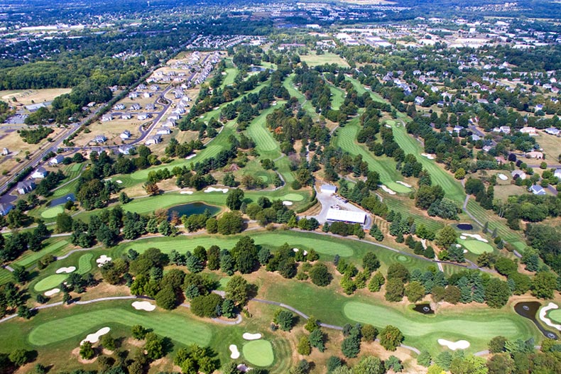 Aerial view of a neighborhood and a golf course in Warminster, Pennsylvania