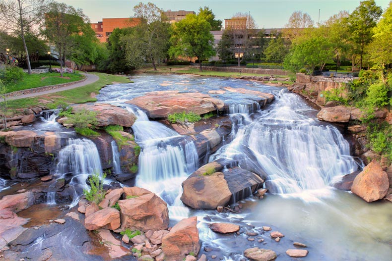 View from the Liberty Bridge of a waterfall in Greenville, South Carolina