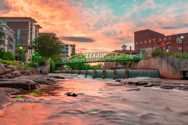 Sunset view of Falls Park in Greenville, South Carolina