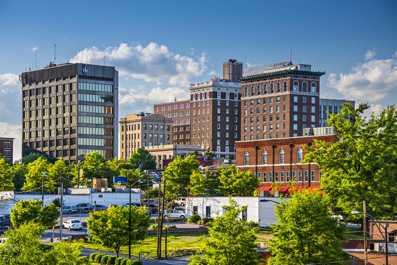 The downtown buildings in Greenville, South Carolina on a sunny day