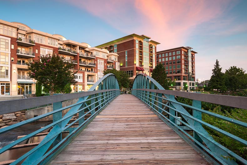 View of a walkway bridge in Greenville, South Carolina at sunrise
