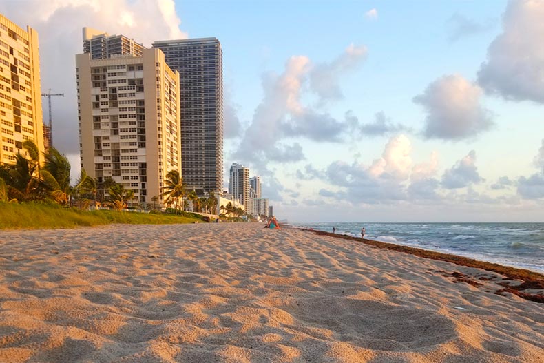 A sandy beach during sunrise in Hallandale Beach, Florida