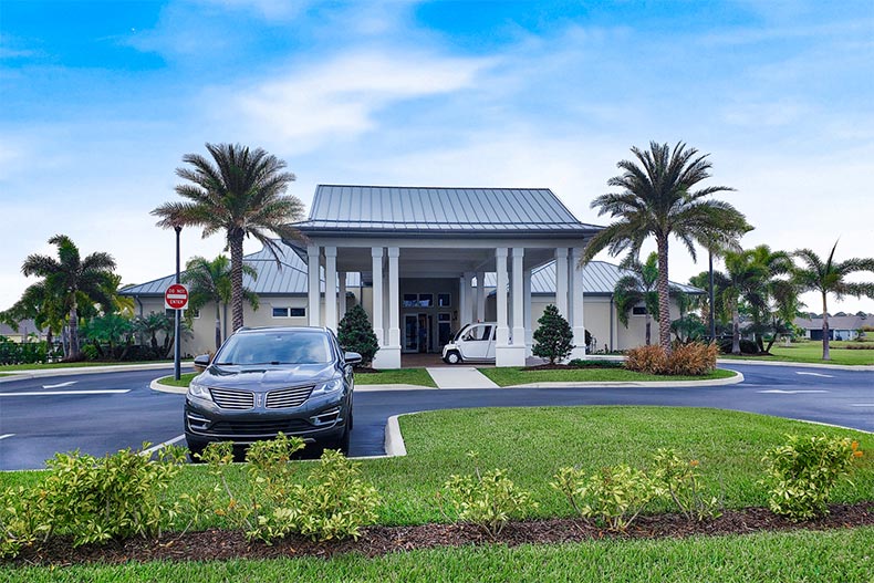 Palm trees beside a community building at Harmony Reserve in Vero Beach, Florida