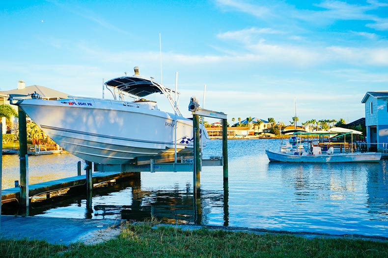 A boat secured at a dock in Hernando, Florida