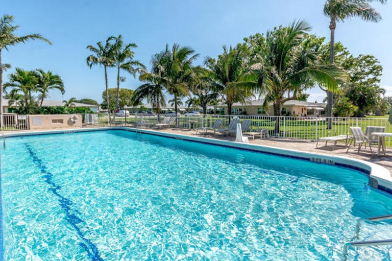 The outdoor pool and patio at High Point of Boynton Beach with palm trees in the background.