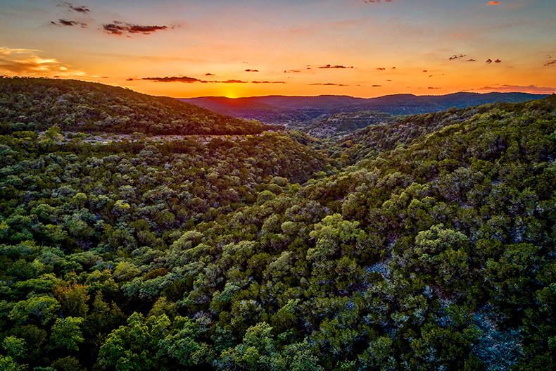 Sunset over hills in the Texas Hill Country