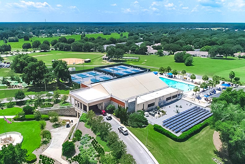 Aerial view of an amenity center at On Top of the World in Ocala, Florida