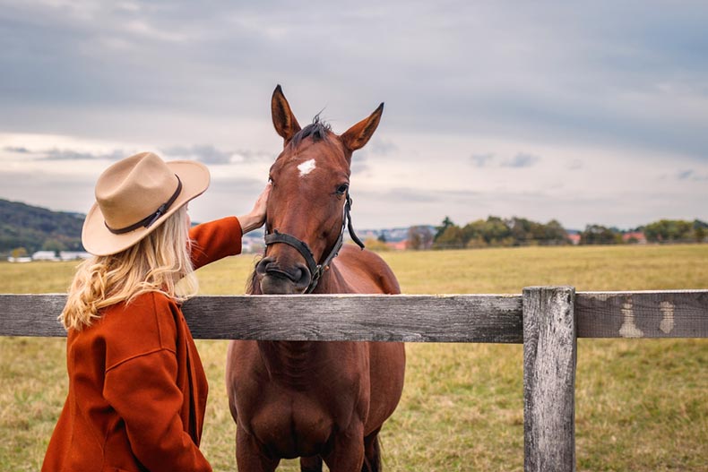 An older woman wearing a cowboy hat and stroking her horse at an equestrian retirement community